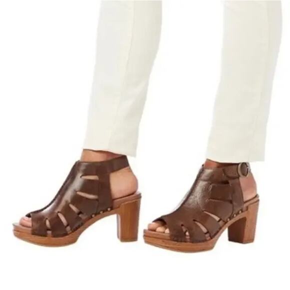 DANSKO Demetra Heeled Open Toe Leather Sandal W's Sz 41 Brown Western City Chic - Picture 2 of 16